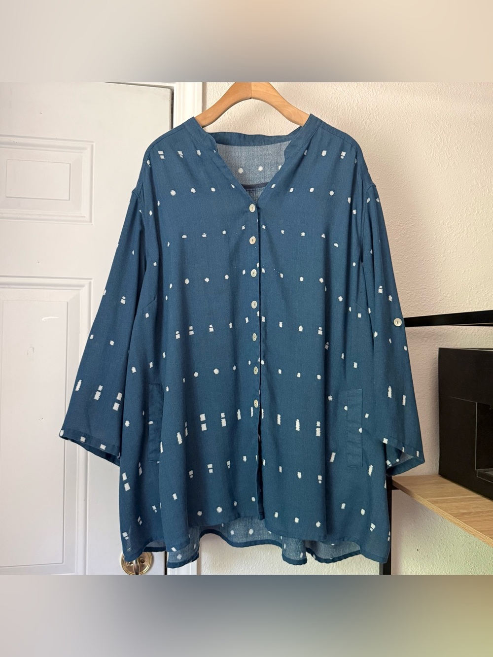 FRIDAZE linen blue white dot geo lagenlook oversized button up tunic shirt top